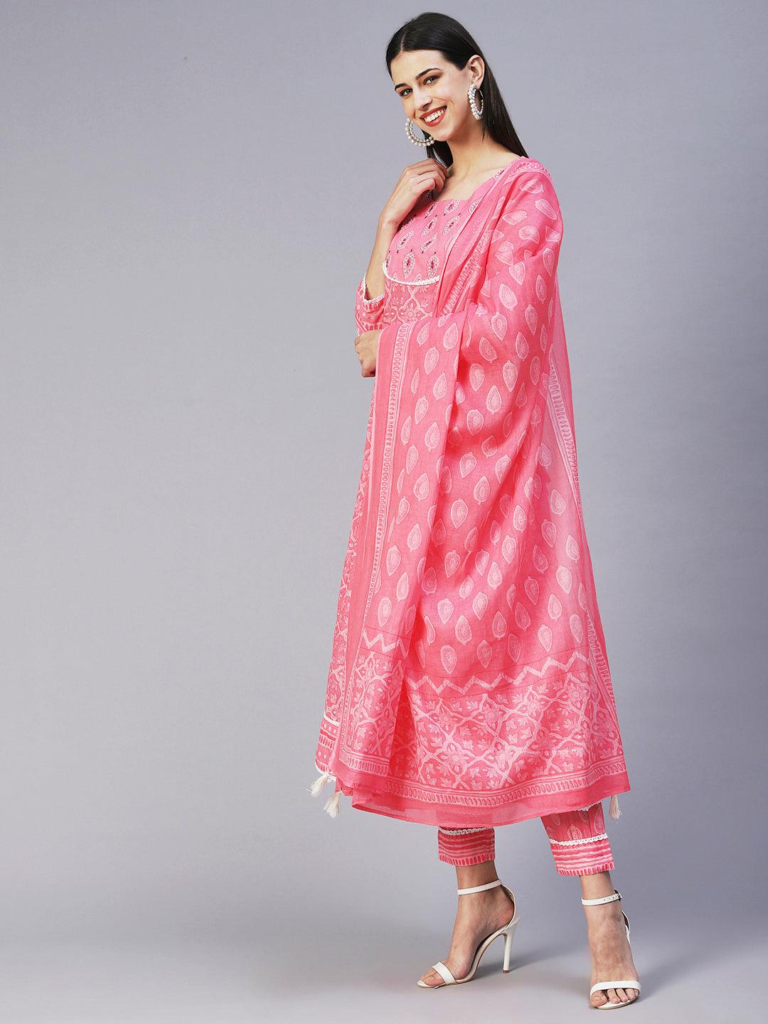 Floral Printed Mirror Embroidered Anarkali Kurta With Printed Pants & Dupatta - Pink - Indiakreations