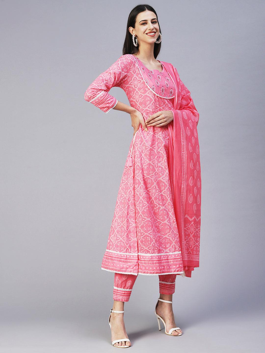 Floral Printed Mirror Embroidered Anarkali Kurta With Printed Pants & Dupatta - Pink - Indiakreations