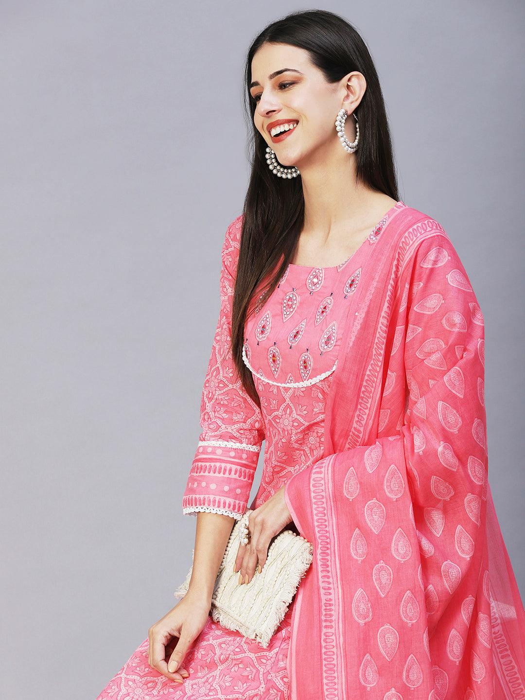 Floral Printed Mirror Embroidered Anarkali Kurta With Printed Pants & Dupatta - Pink - Indiakreations