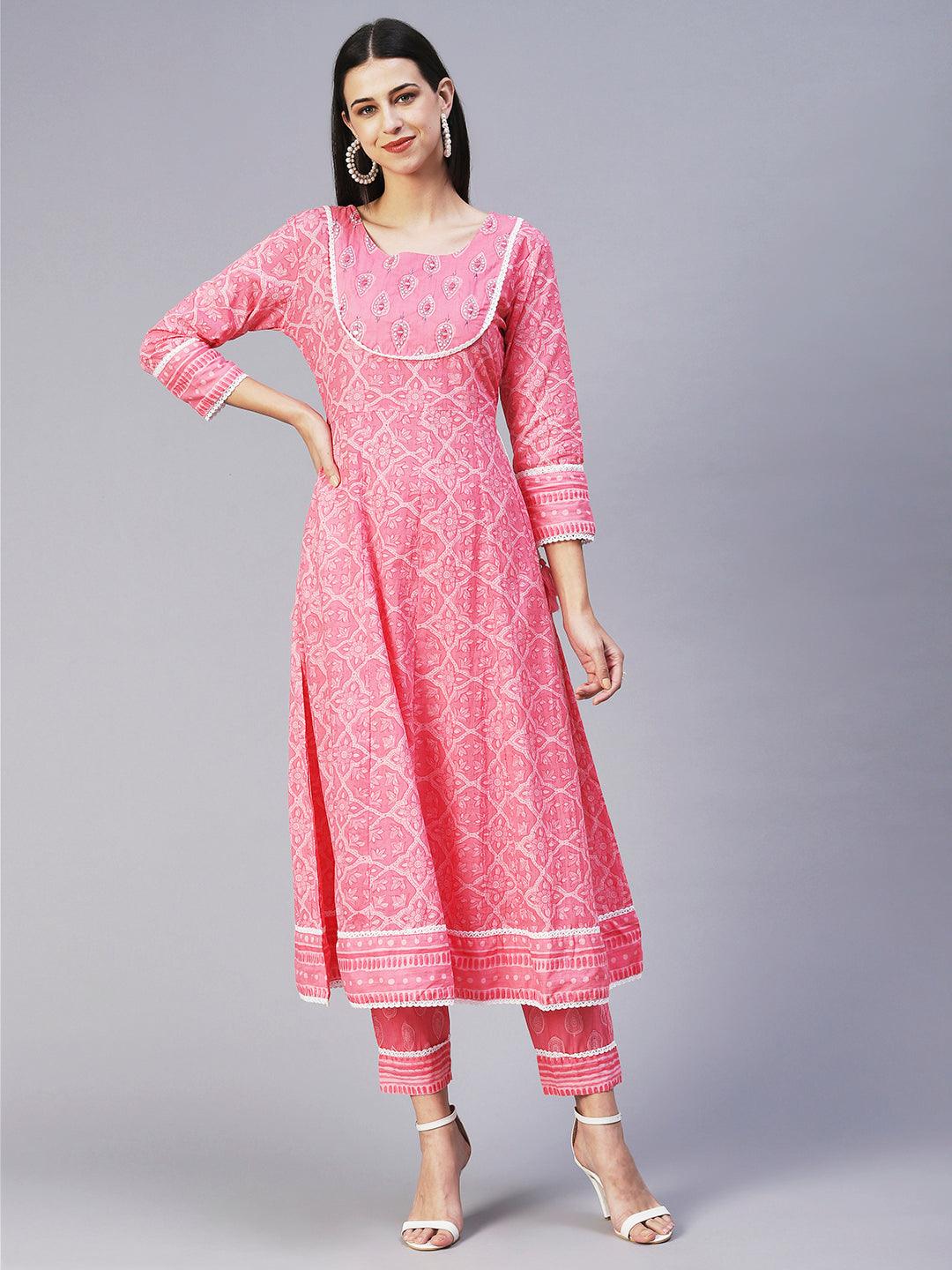 Floral Printed Mirror Embroidered Anarkali Kurta With Printed Pants & Dupatta - Pink - Indiakreations