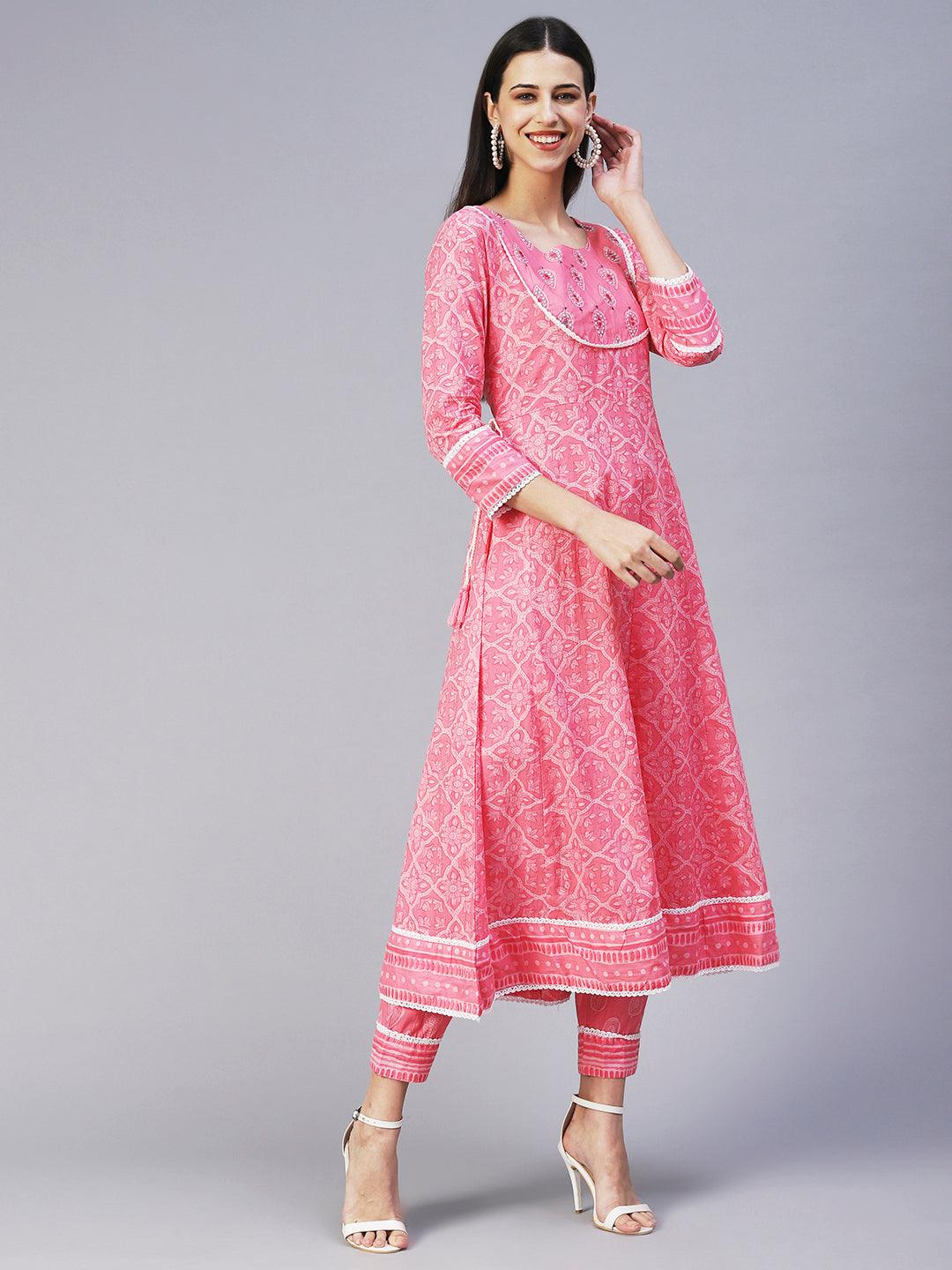 Floral Printed Mirror Embroidered Anarkali Kurta With Printed Pants & Dupatta - Pink - Indiakreations