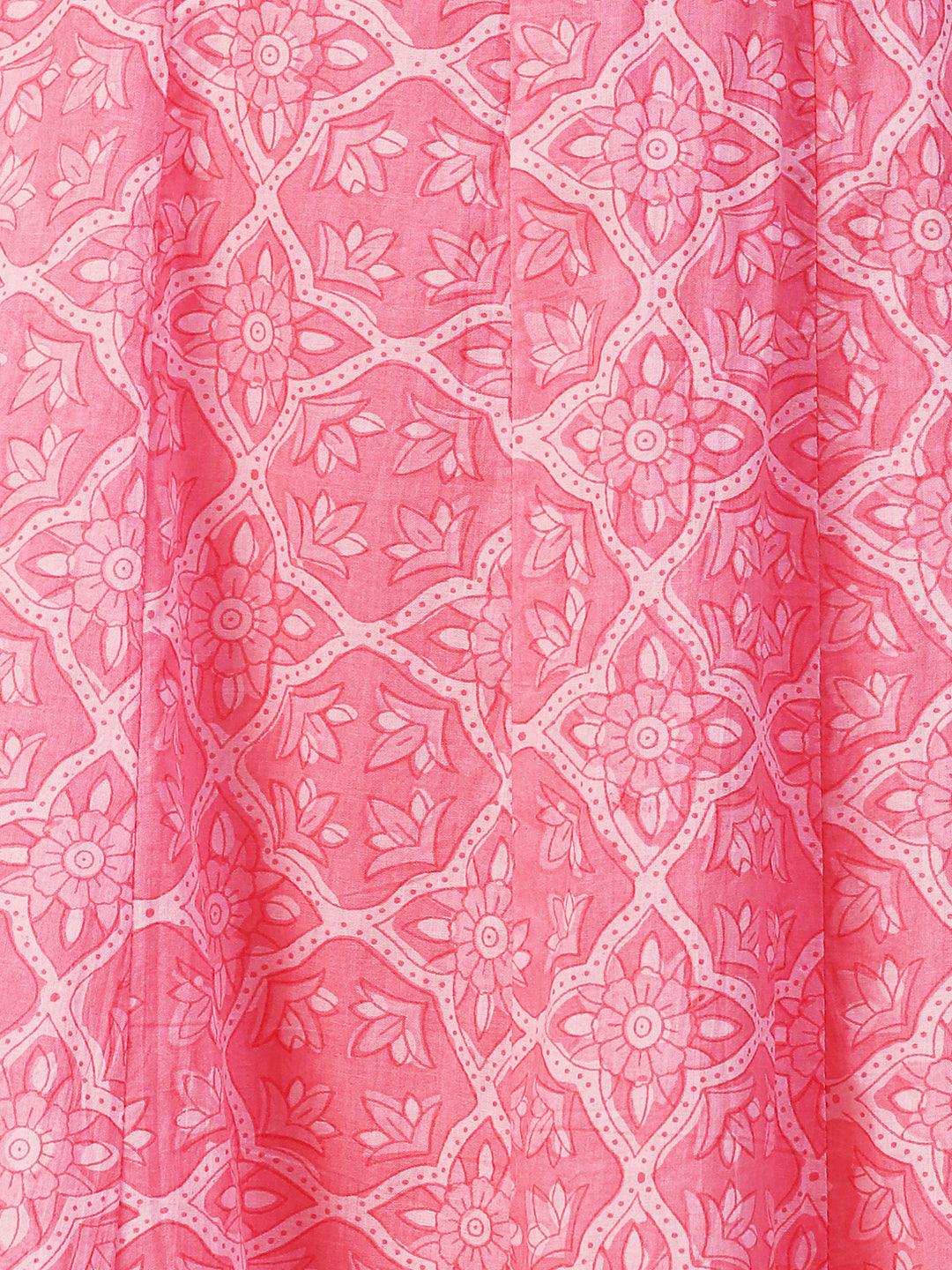 Floral Printed Mirror Embroidered Anarkali Kurta With Printed Pants & Dupatta - Pink - Indiakreations