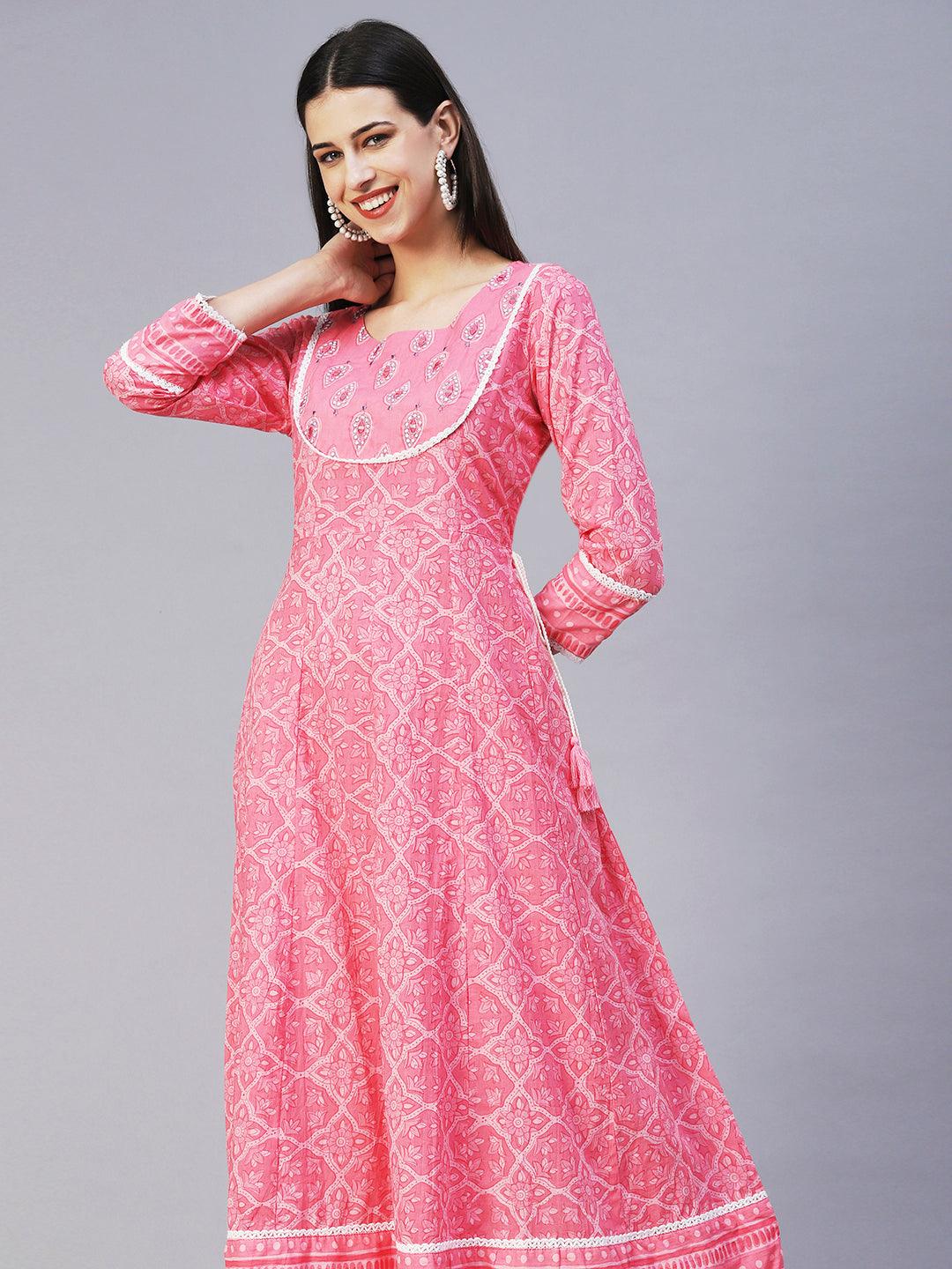 Floral Printed Mirror Embroidered Anarkali Kurta With Printed Pants & Dupatta - Pink - Indiakreations