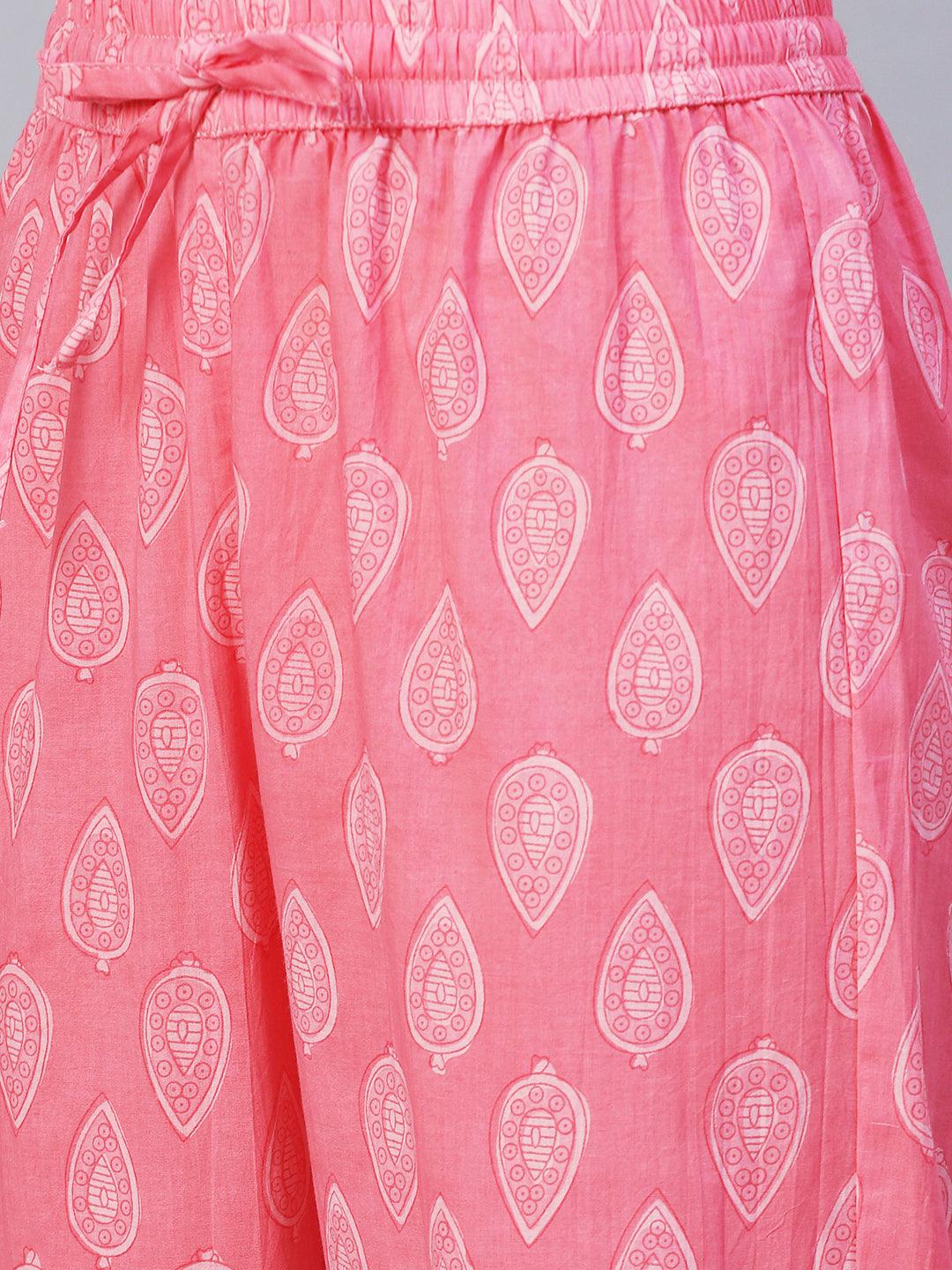 Floral Printed Mirror Embroidered Anarkali Kurta With Printed Pants & Dupatta - Pink - Indiakreations