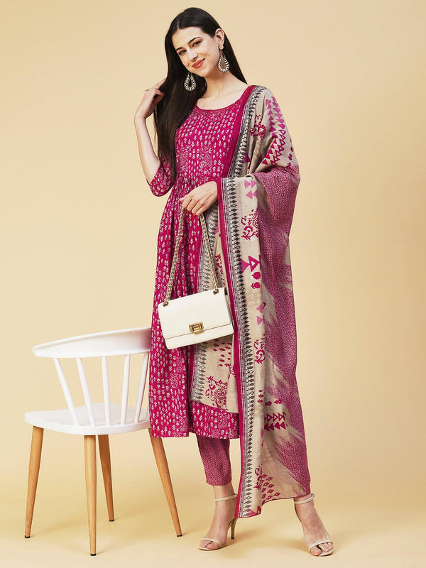 Ethnic Printed Mirror Embroidered Kurta With Pants & Dupatta - Magenta - Indiakreations