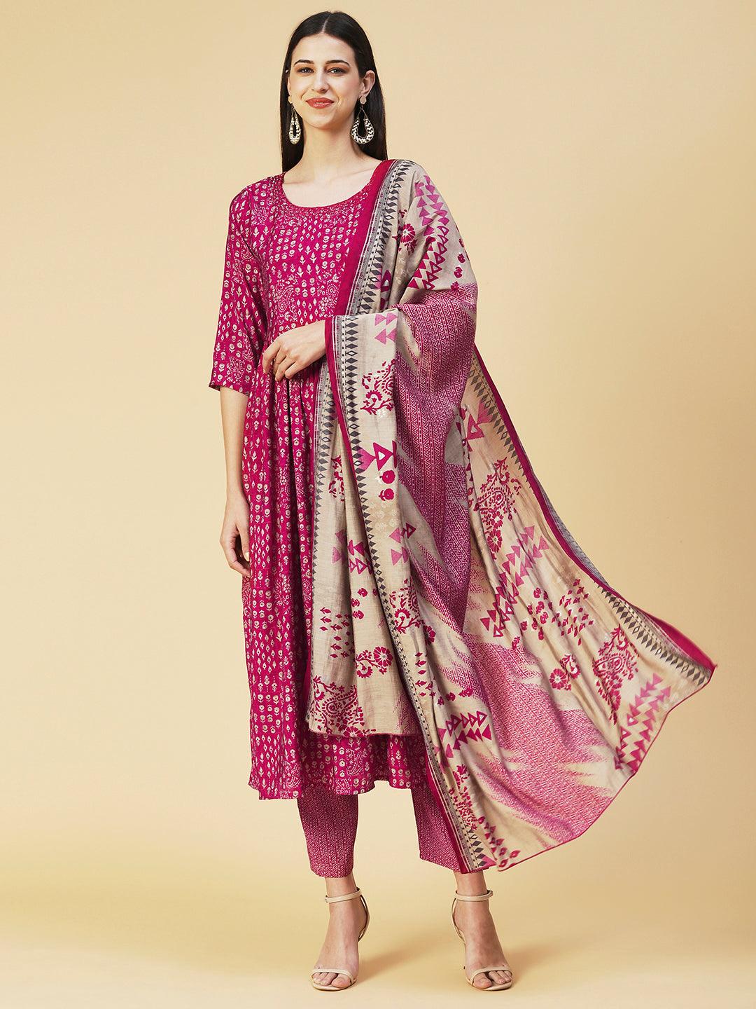 Ethnic Printed Mirror Embroidered Kurta With Pants & Dupatta - Magenta - Indiakreations