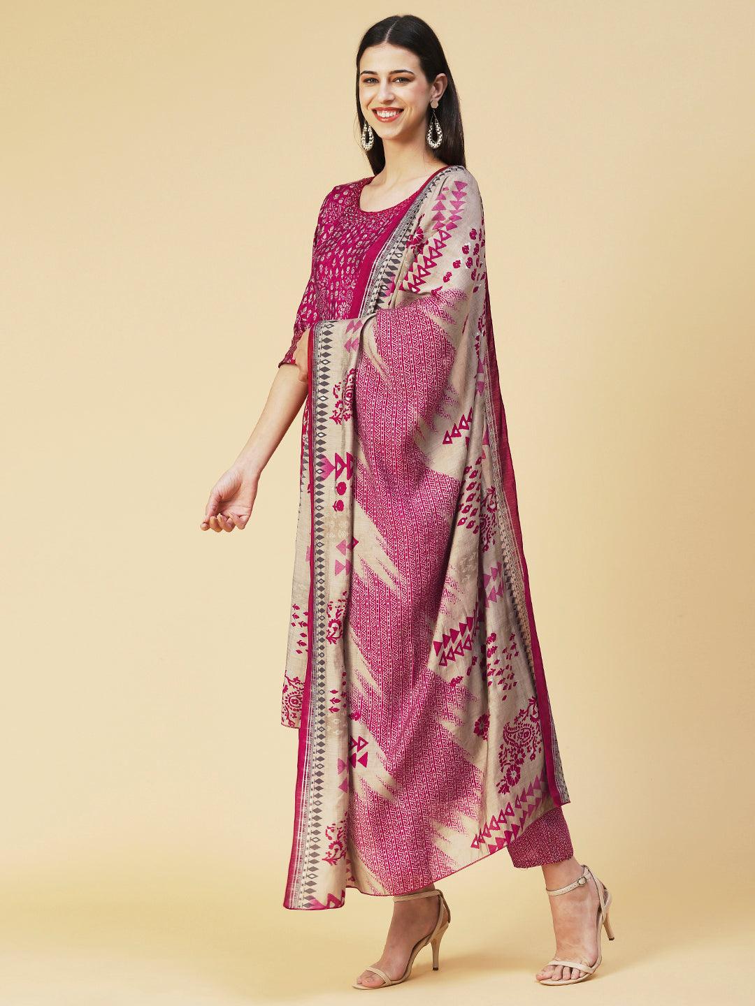 Ethnic Printed Mirror Embroidered Kurta With Pants & Dupatta - Magenta - Indiakreations