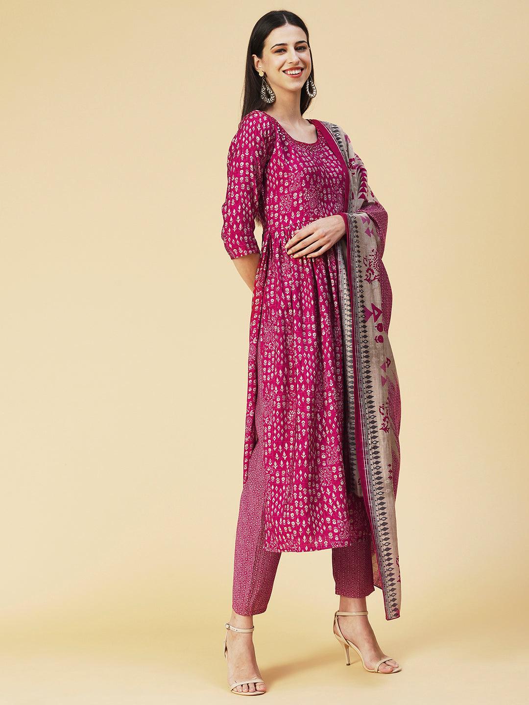 Ethnic Printed Mirror Embroidered Kurta With Pants & Dupatta - Magenta - Indiakreations