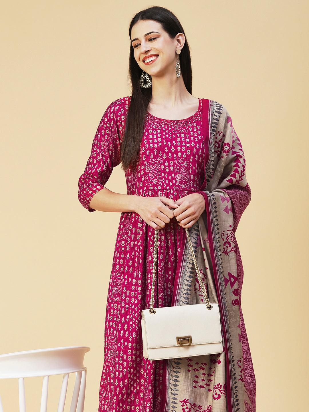 Ethnic Printed Mirror Embroidered Kurta With Pants & Dupatta - Magenta - Indiakreations