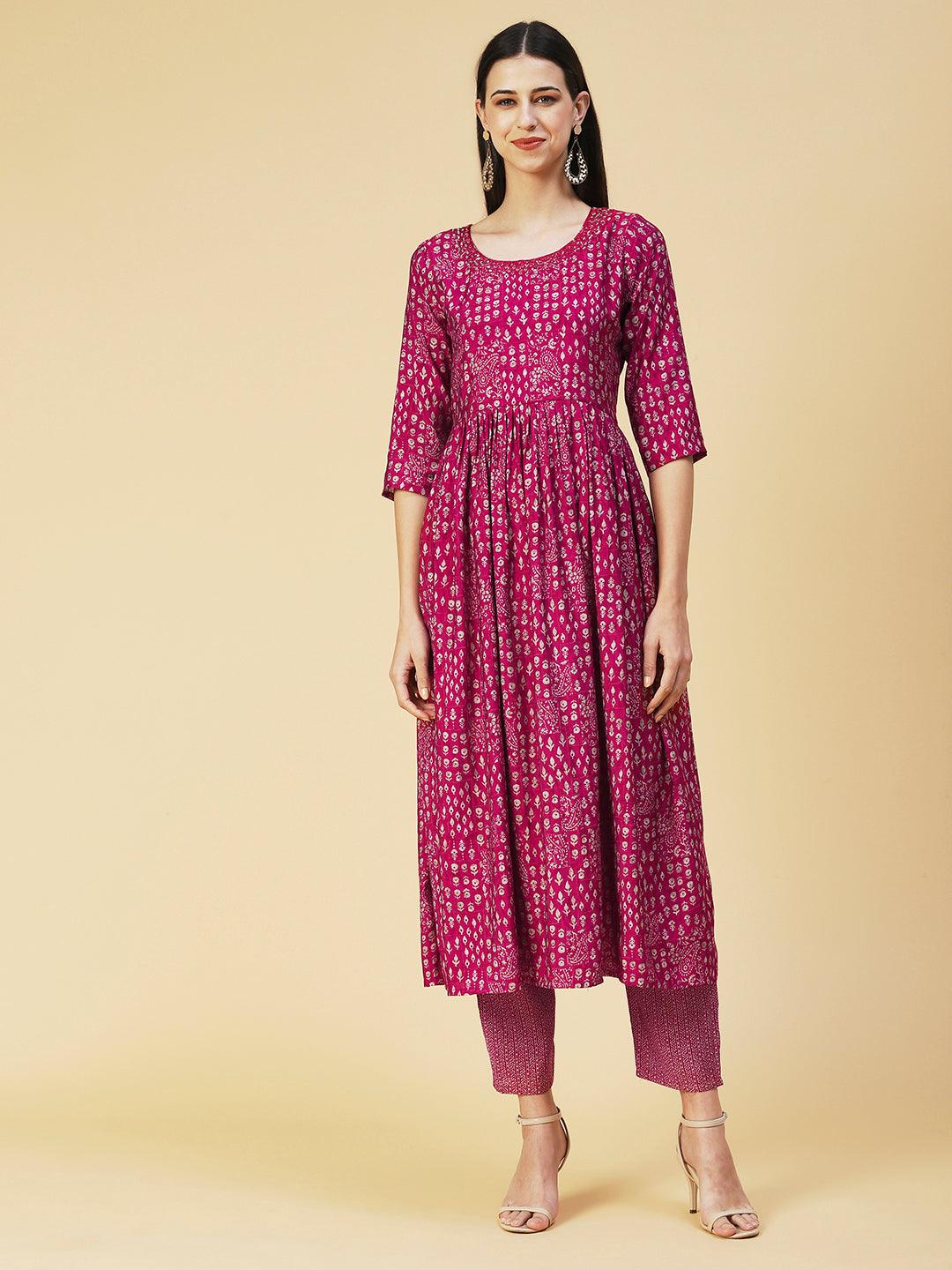 Ethnic Printed Mirror Embroidered Kurta With Pants & Dupatta - Magenta - Indiakreations