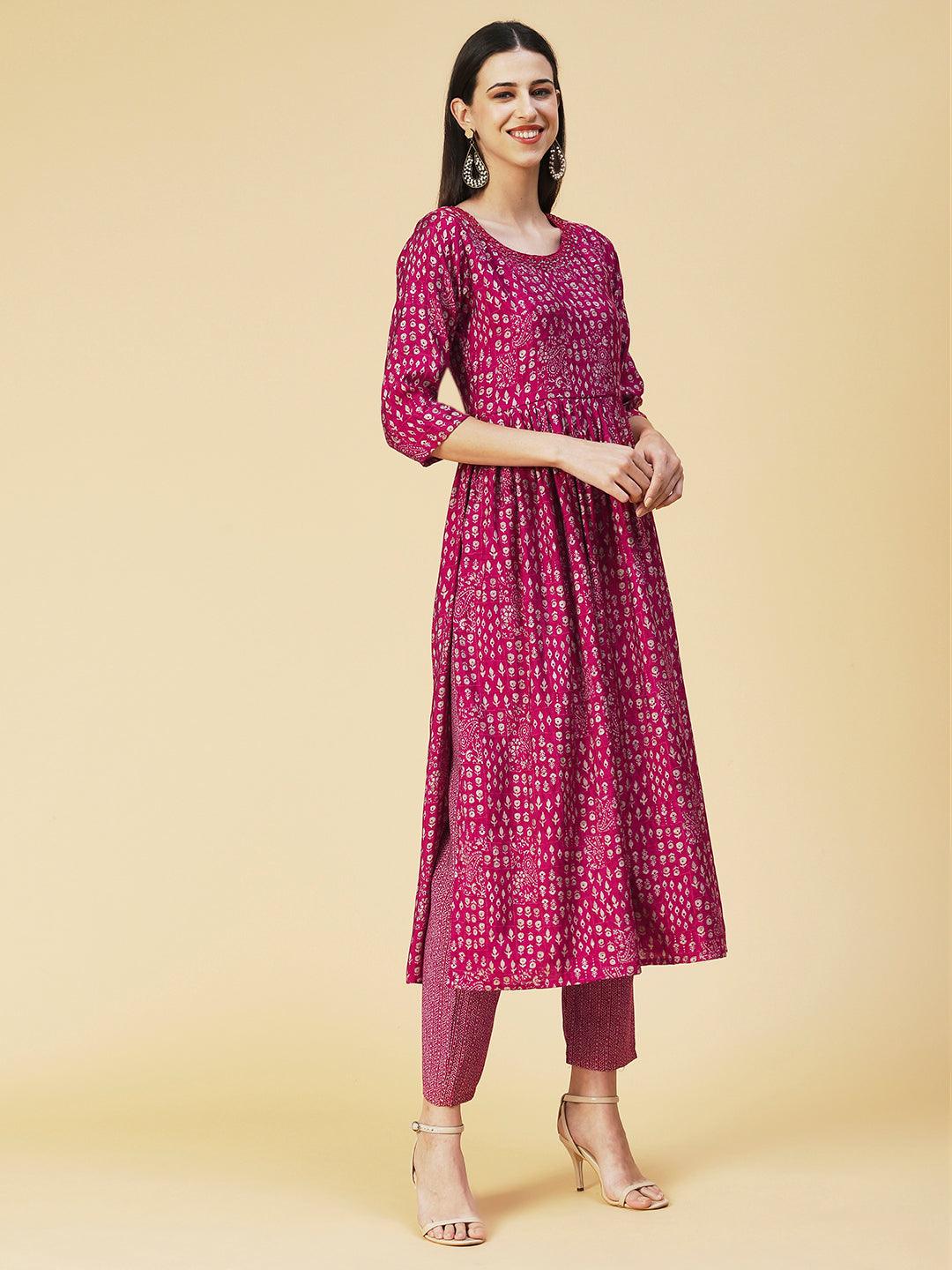 Ethnic Printed Mirror Embroidered Kurta With Pants & Dupatta - Magenta - Indiakreations