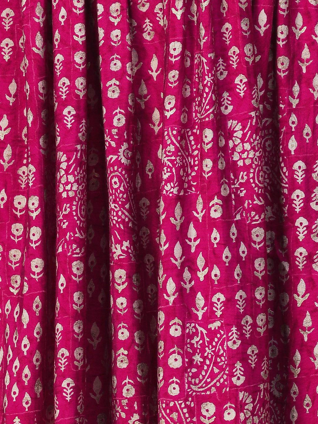 Ethnic Printed Mirror Embroidered Kurta With Pants & Dupatta - Magenta - Indiakreations