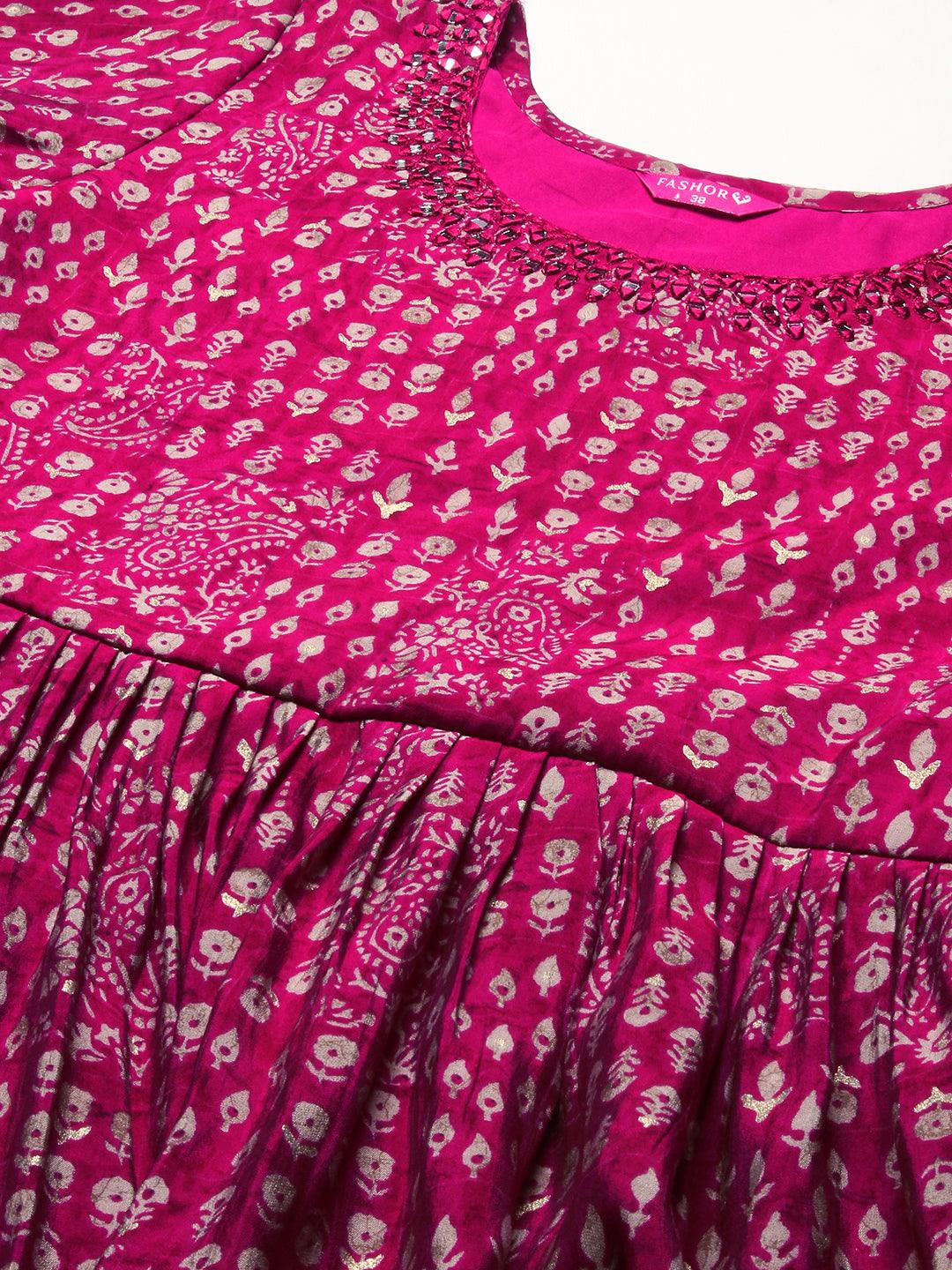 Ethnic Printed Mirror Embroidered Kurta With Pants & Dupatta - Magenta - Indiakreations