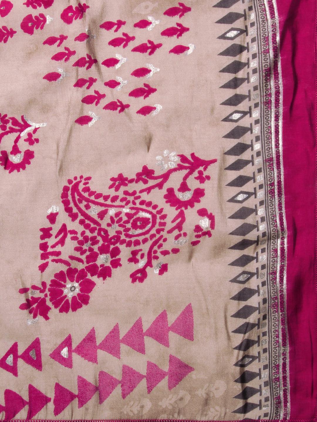 Ethnic Printed Mirror Embroidered Kurta With Pants & Dupatta - Magenta - Indiakreations