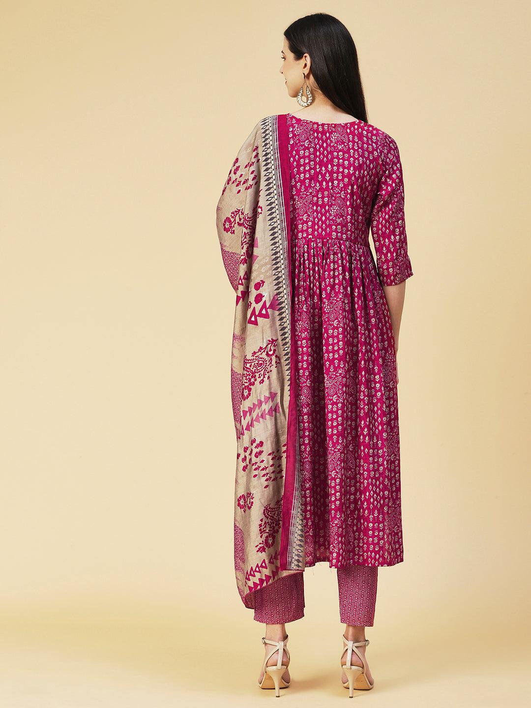 Ethnic Printed Mirror Embroidered Kurta With Pants & Dupatta - Magenta - Indiakreations