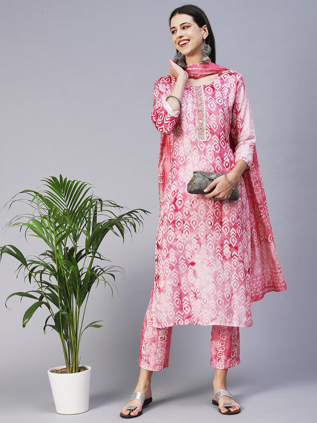 Abstract Batik Printed Mirror Embroidered Kurta With Pants & Dupatta - Magenta - Indiakreations