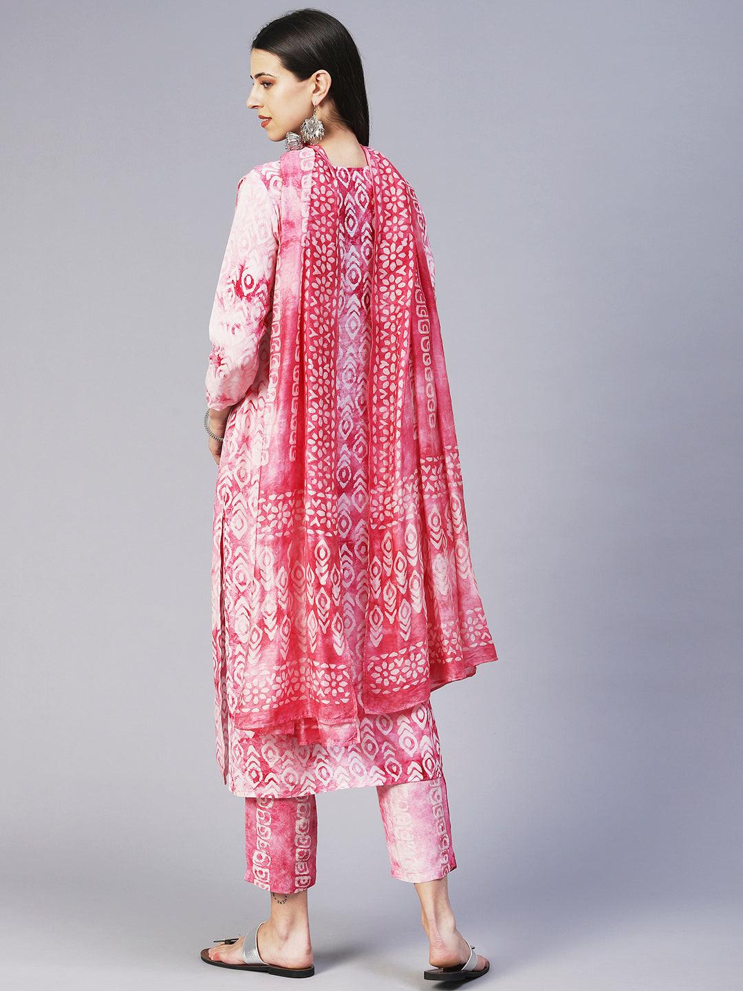 Abstract Batik Printed Mirror Embroidered Kurta With Pants & Dupatta - Magenta - Indiakreations