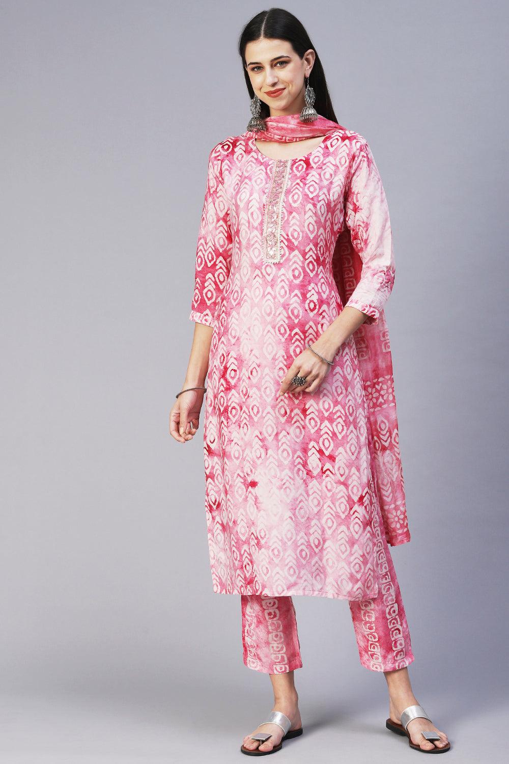 Abstract Batik Printed Mirror Embroidered Kurta With Pants & Dupatta - Magenta - Indiakreations