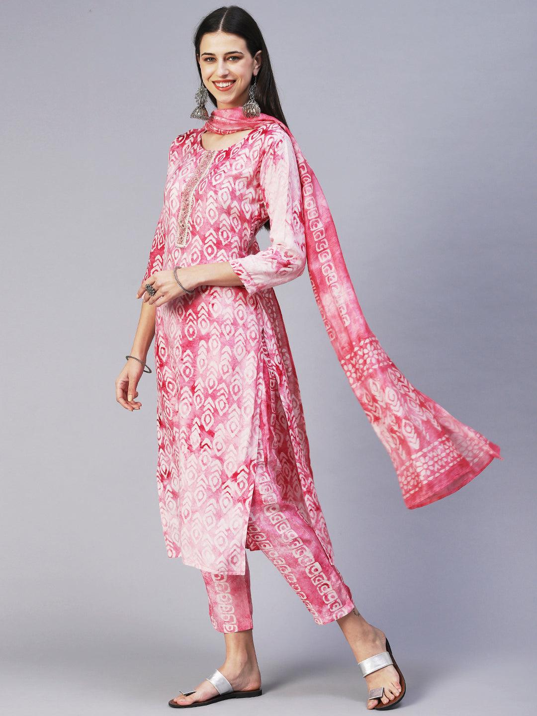 Abstract Batik Printed Mirror Embroidered Kurta With Pants & Dupatta - Magenta - Indiakreations