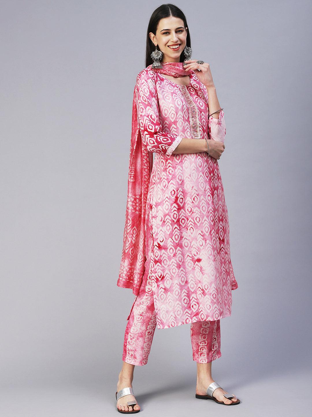 Abstract Batik Printed Mirror Embroidered Kurta With Pants & Dupatta - Magenta - Indiakreations