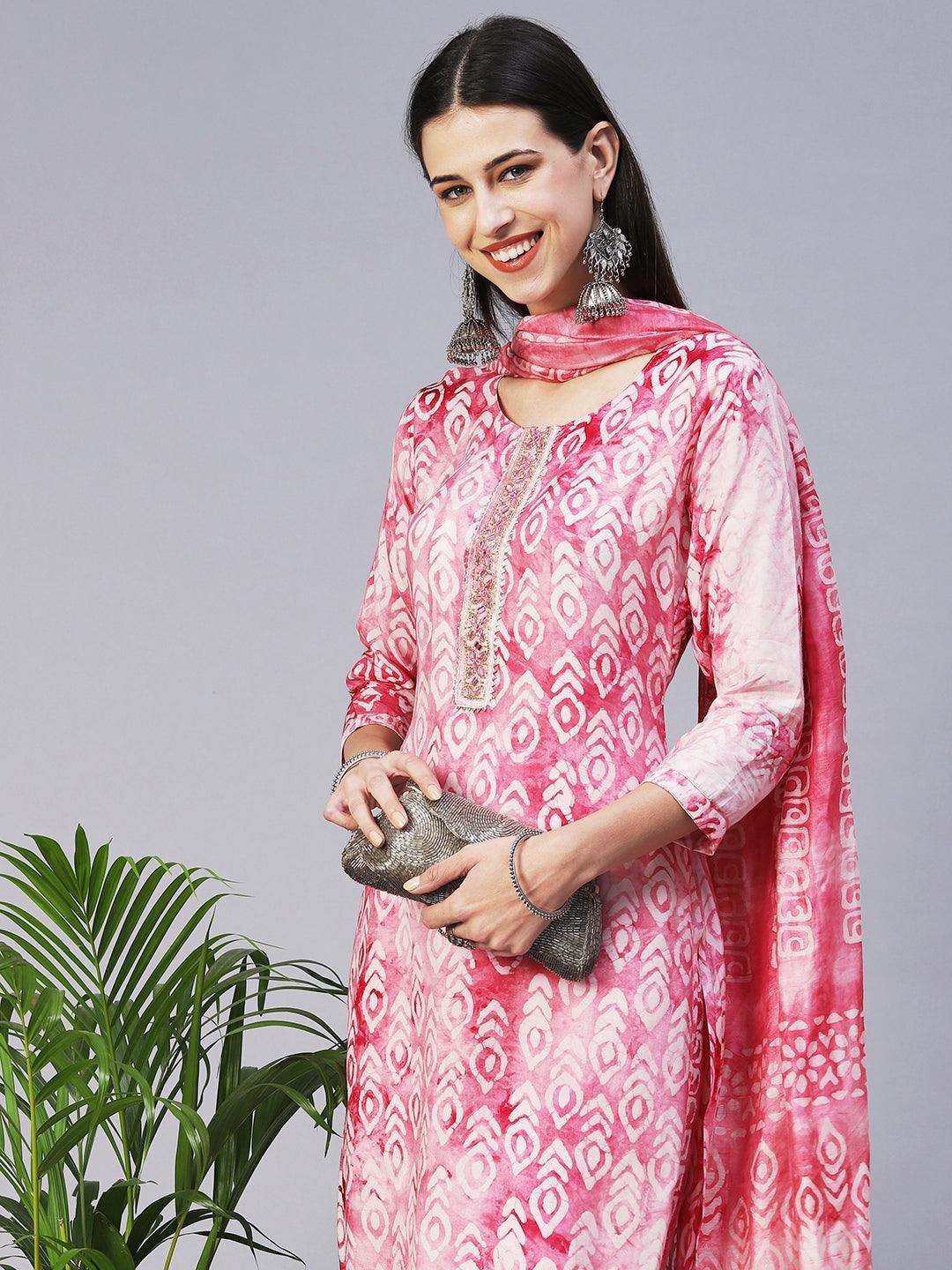 Abstract Batik Printed Mirror Embroidered Kurta With Pants & Dupatta - Magenta - Indiakreations