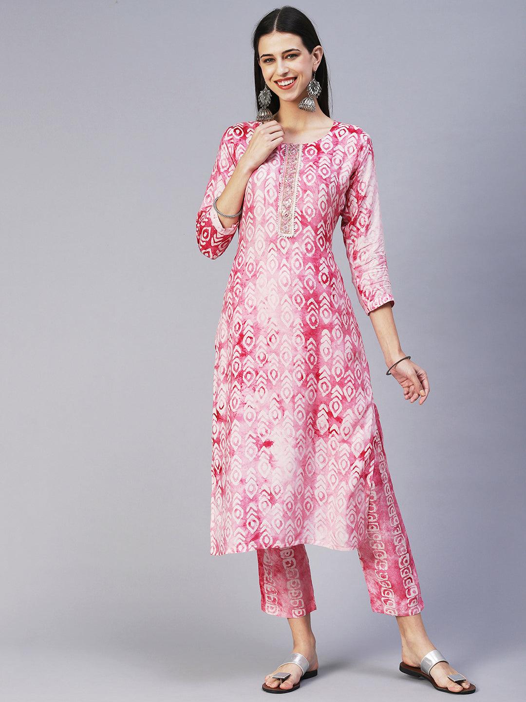 Abstract Batik Printed Mirror Embroidered Kurta With Pants & Dupatta - Magenta - Indiakreations