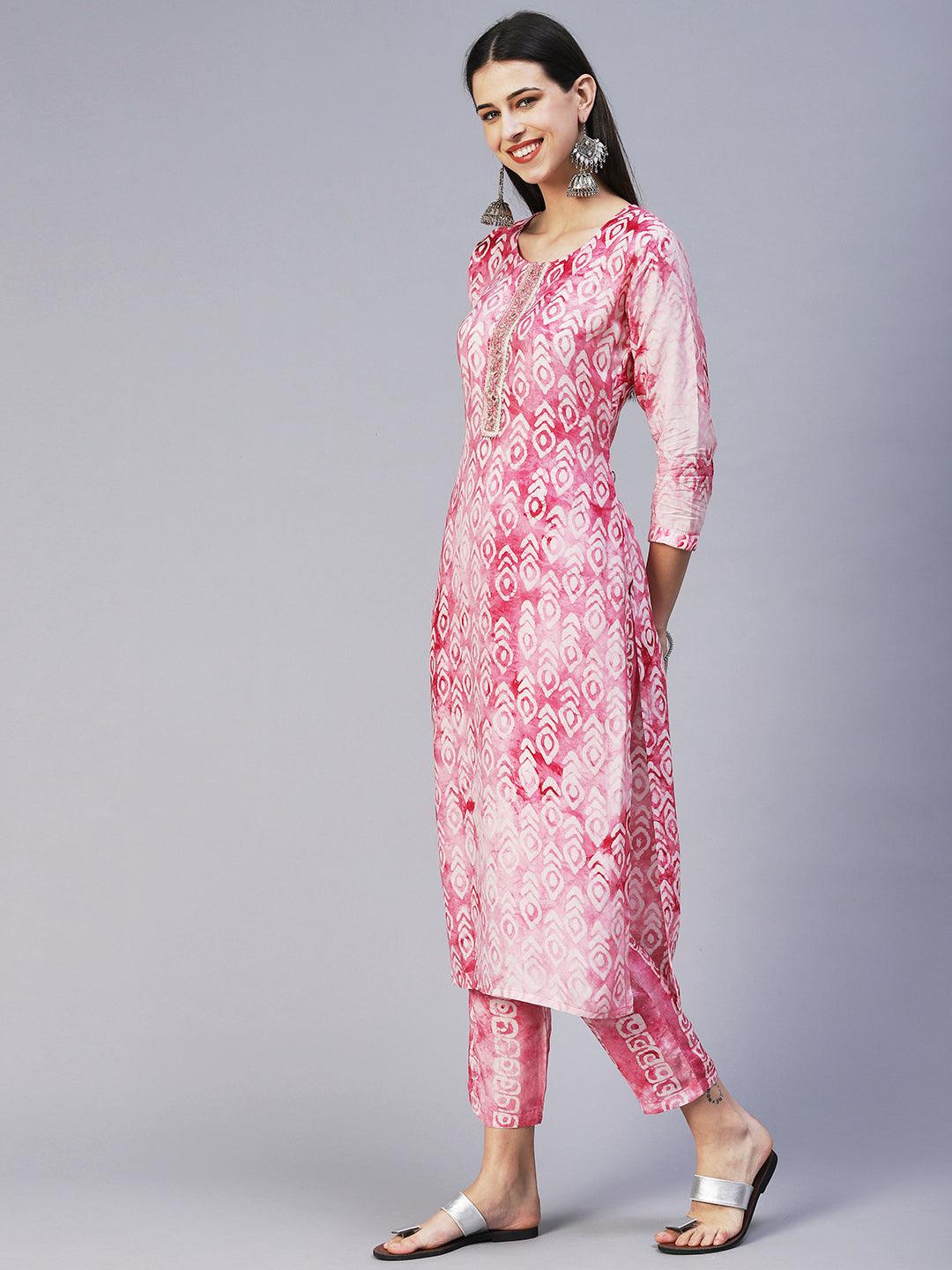 Abstract Batik Printed Mirror Embroidered Kurta With Pants & Dupatta - Magenta - Indiakreations