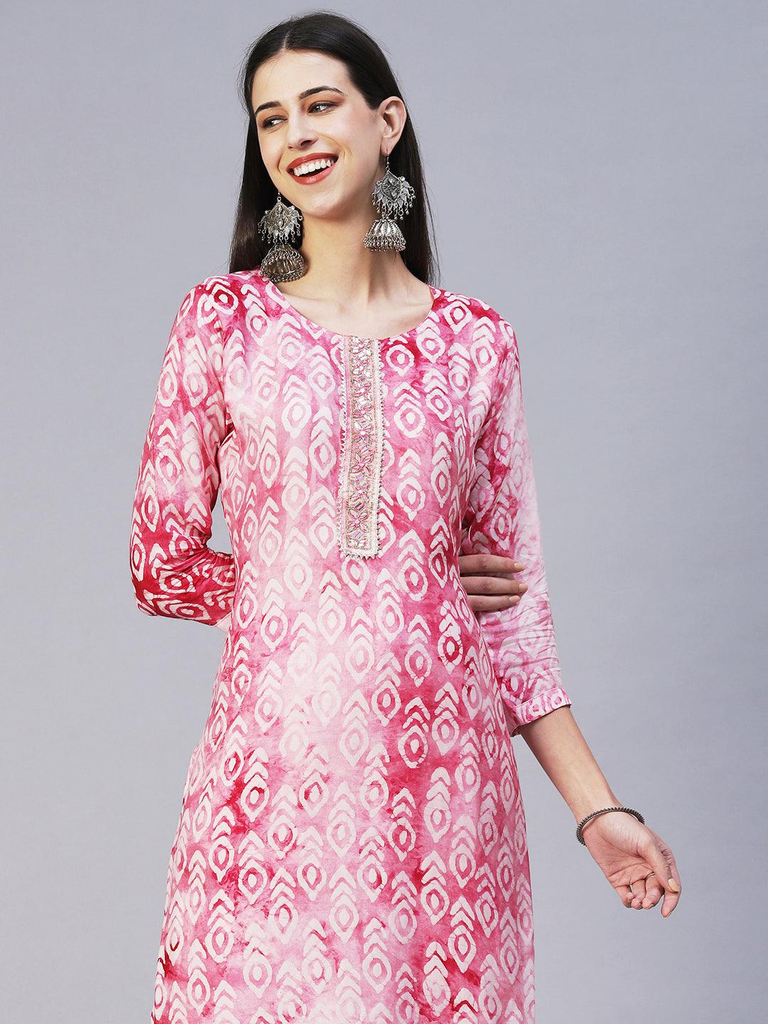 Abstract Batik Printed Mirror Embroidered Kurta With Pants & Dupatta - Magenta - Indiakreations