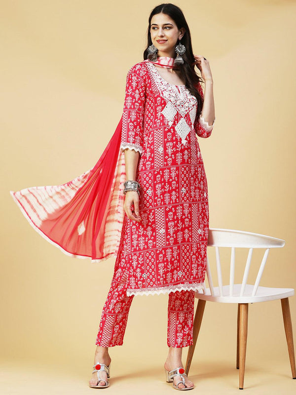 Floral Printed Mirror Embroidered Kurta With Pants & Dupatta - Fuchsia - Indiakreations