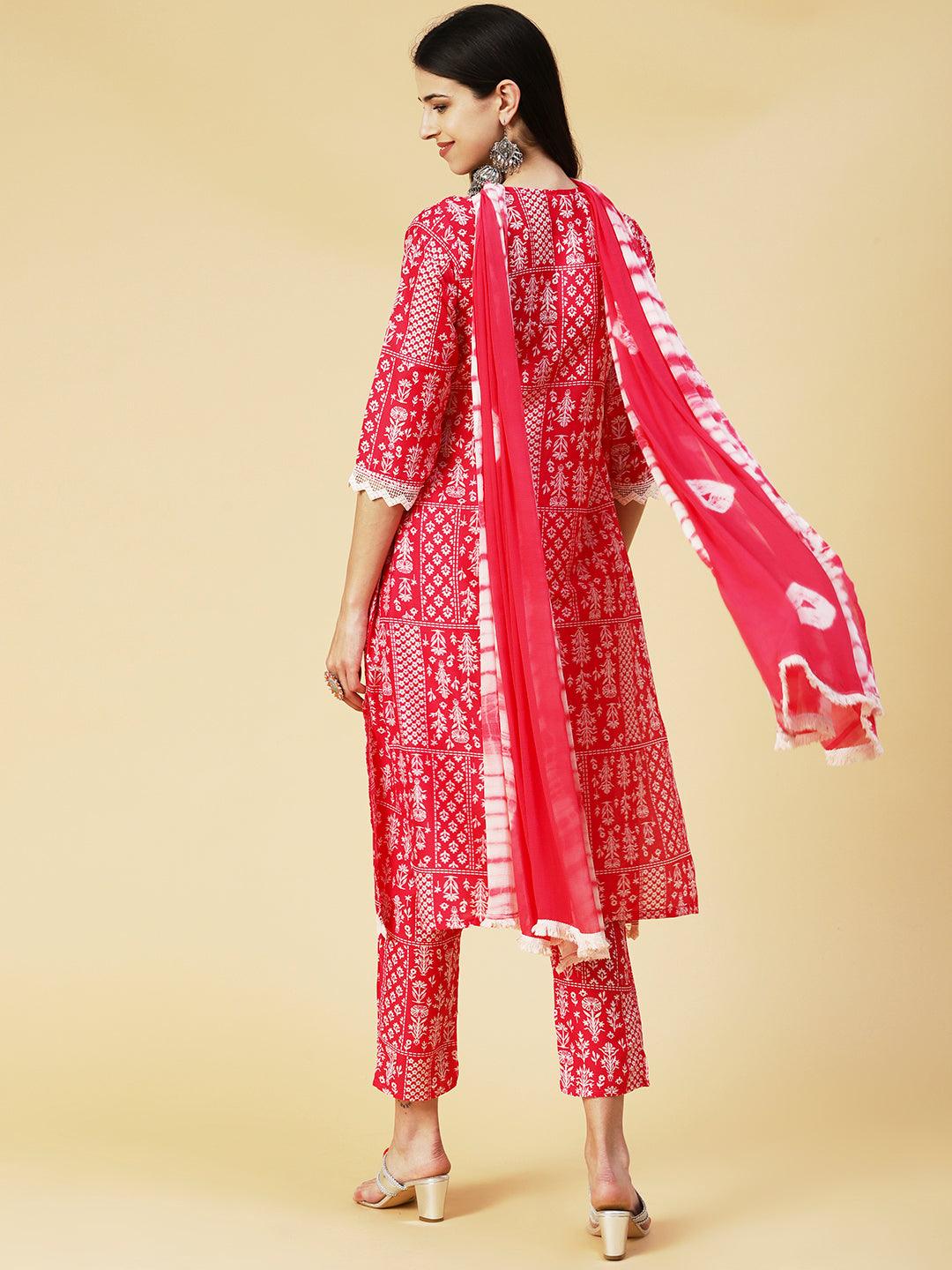 Floral Printed Mirror Embroidered Kurta With Pants & Dupatta - Fuchsia - Indiakreations