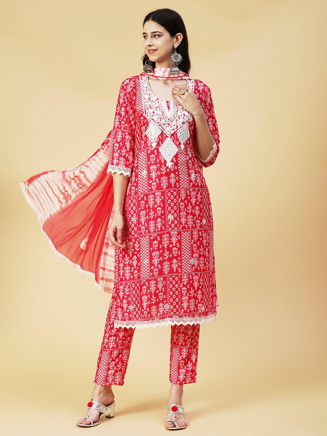 Floral Printed Mirror Embroidered Kurta With Pants & Dupatta - Fuchsia - Indiakreations