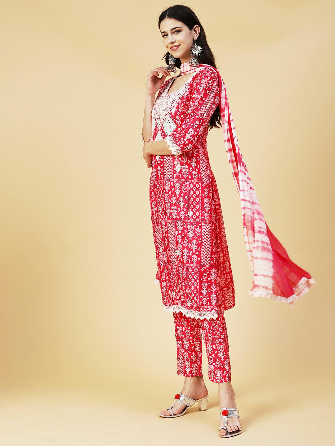 Floral Printed Mirror Embroidered Kurta With Pants & Dupatta - Fuchsia - Indiakreations