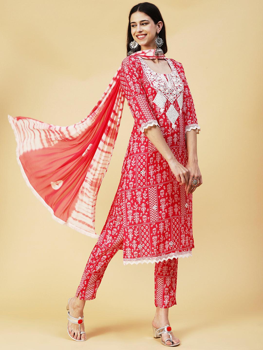 Floral Printed Mirror Embroidered Kurta With Pants & Dupatta - Fuchsia - Indiakreations