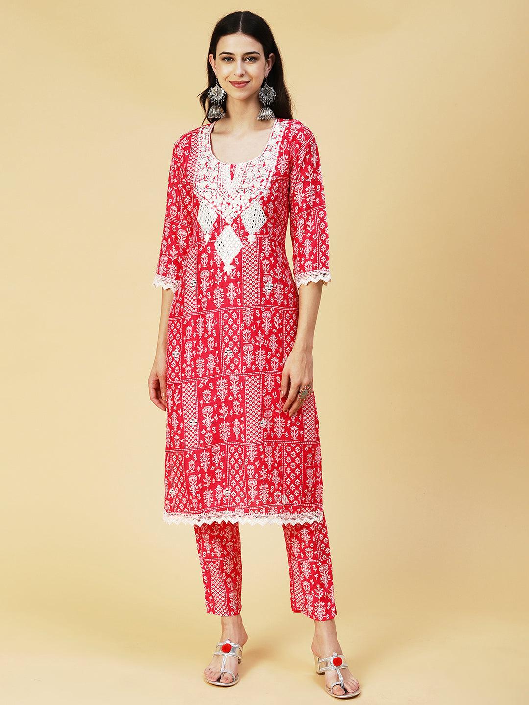 Floral Printed Mirror Embroidered Kurta With Pants & Dupatta - Fuchsia - Indiakreations