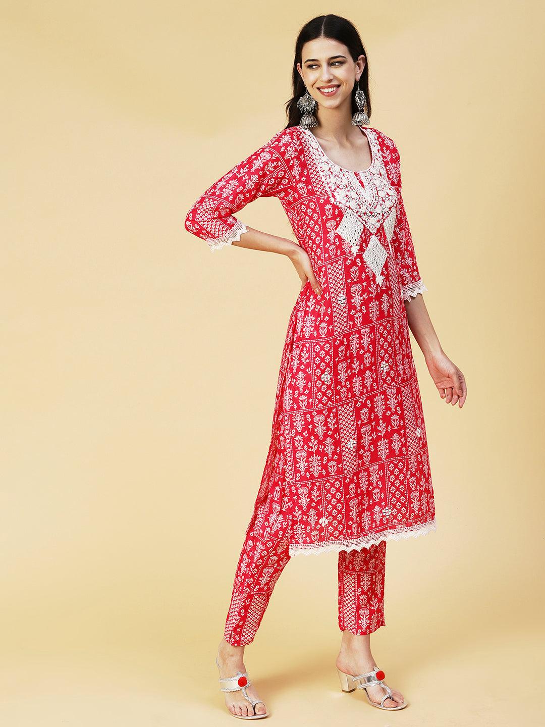 Floral Printed Mirror Embroidered Kurta With Pants & Dupatta - Fuchsia - Indiakreations