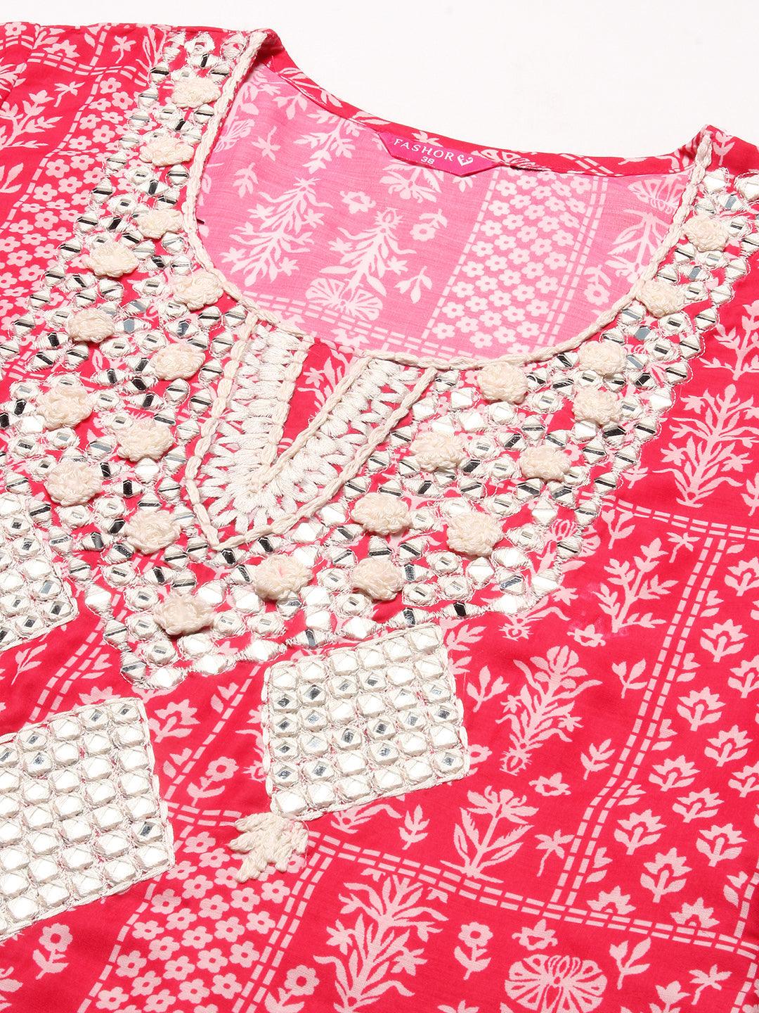 Floral Printed Mirror Embroidered Kurta With Pants & Dupatta - Fuchsia - Indiakreations