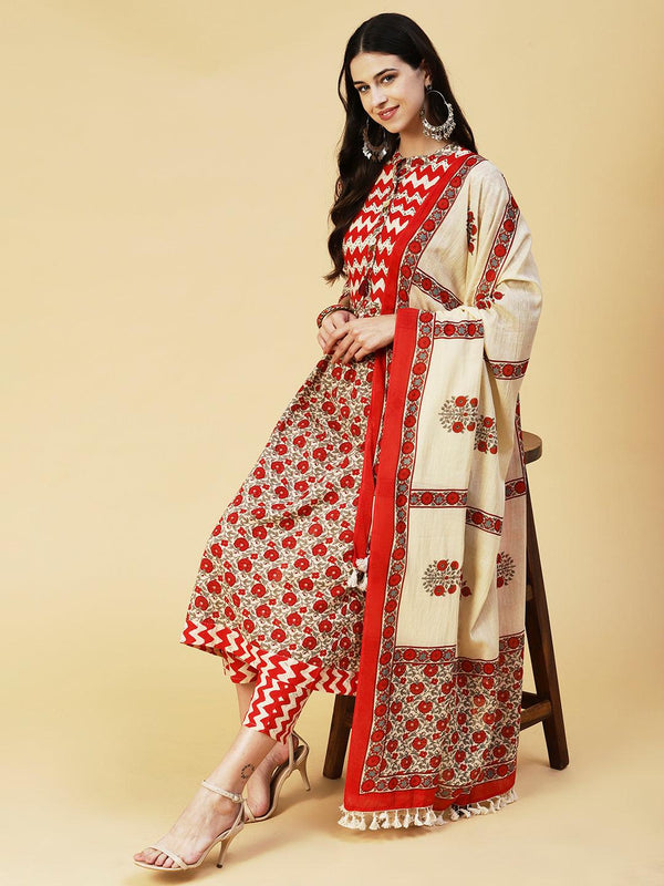 Floral Printed Resham & Sequins Ornamented Kurta With Pants & Dupatta - Cream & Red - Indiakreations