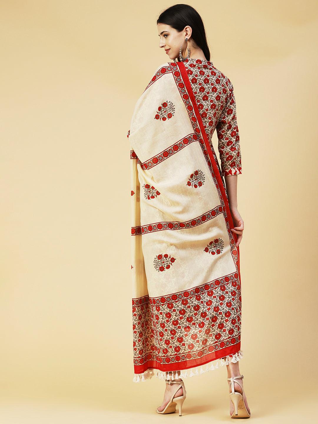 Floral Printed Resham & Sequins Ornamented Kurta With Pants & Dupatta - Cream & Red - Indiakreations