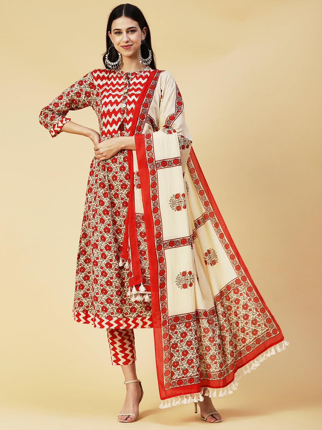 Floral Printed Resham & Sequins Ornamented Kurta With Pants & Dupatta - Cream & Red - Indiakreations