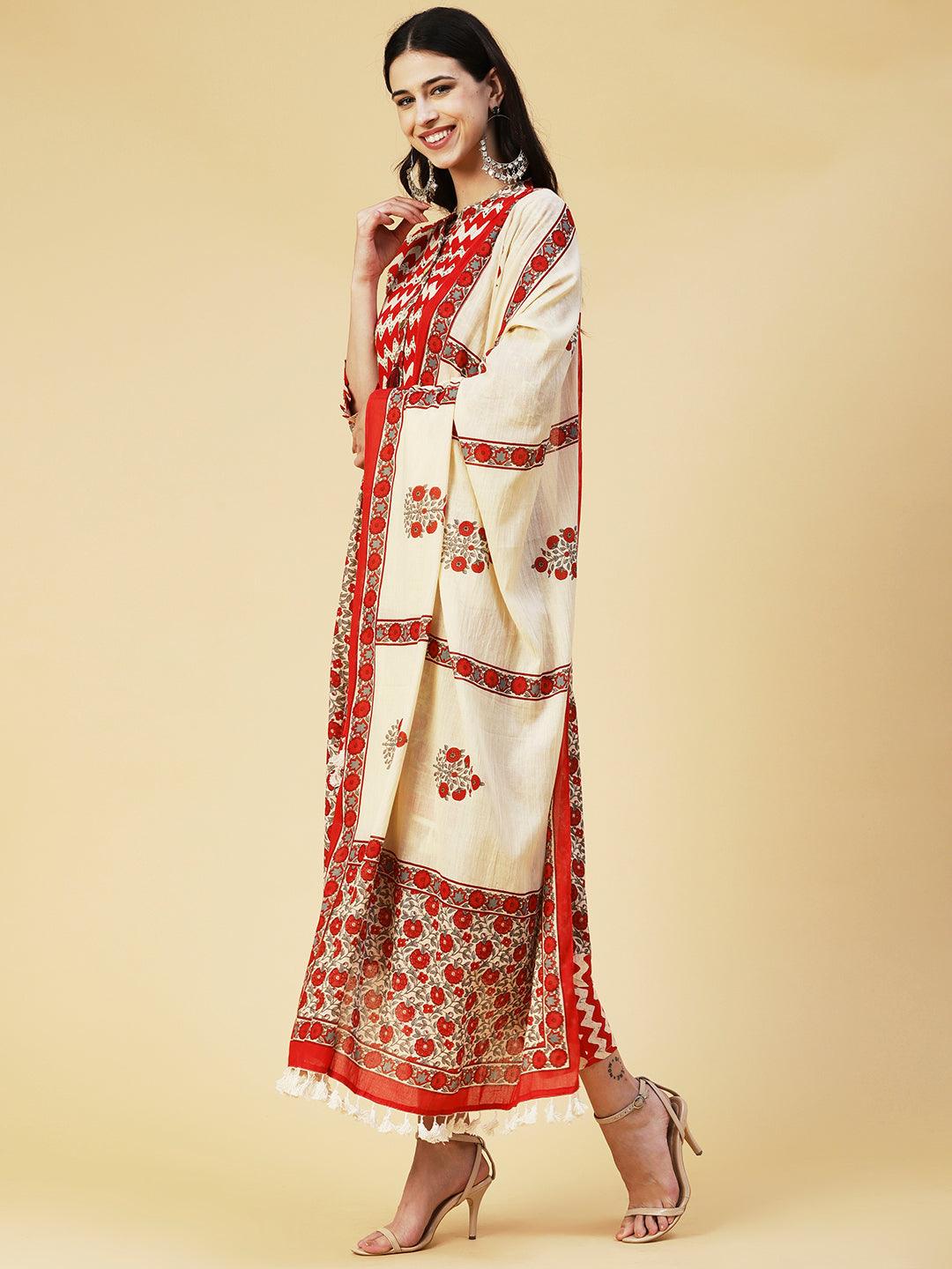 Floral Printed Resham & Sequins Ornamented Kurta With Pants & Dupatta - Cream & Red - Indiakreations