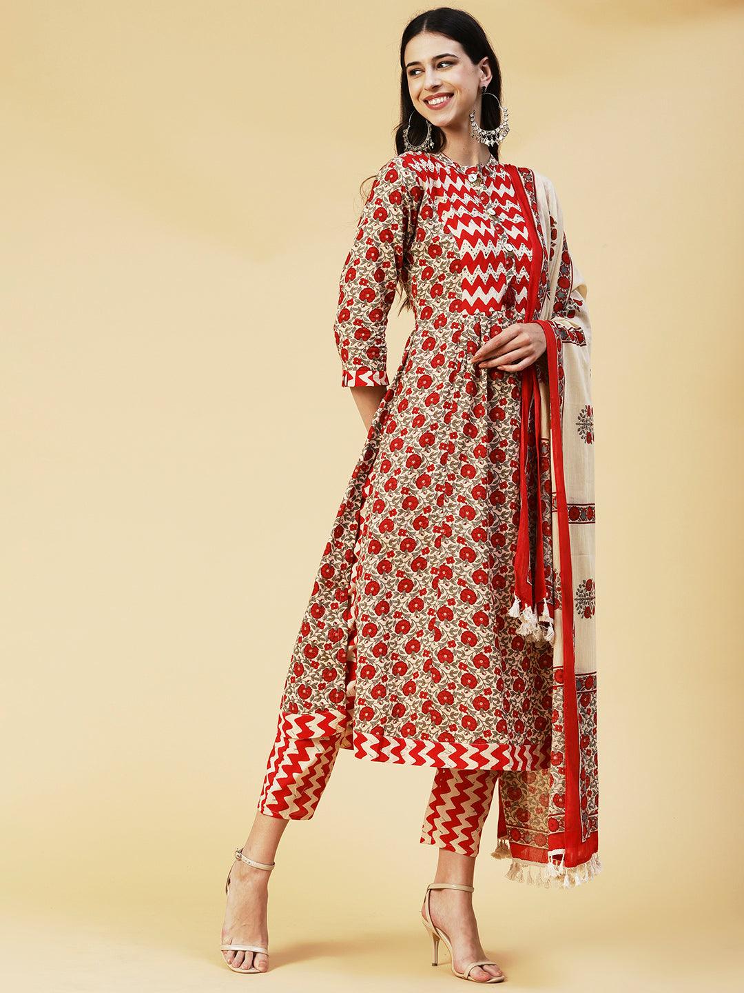 Floral Printed Resham & Sequins Ornamented Kurta With Pants & Dupatta - Cream & Red - Indiakreations