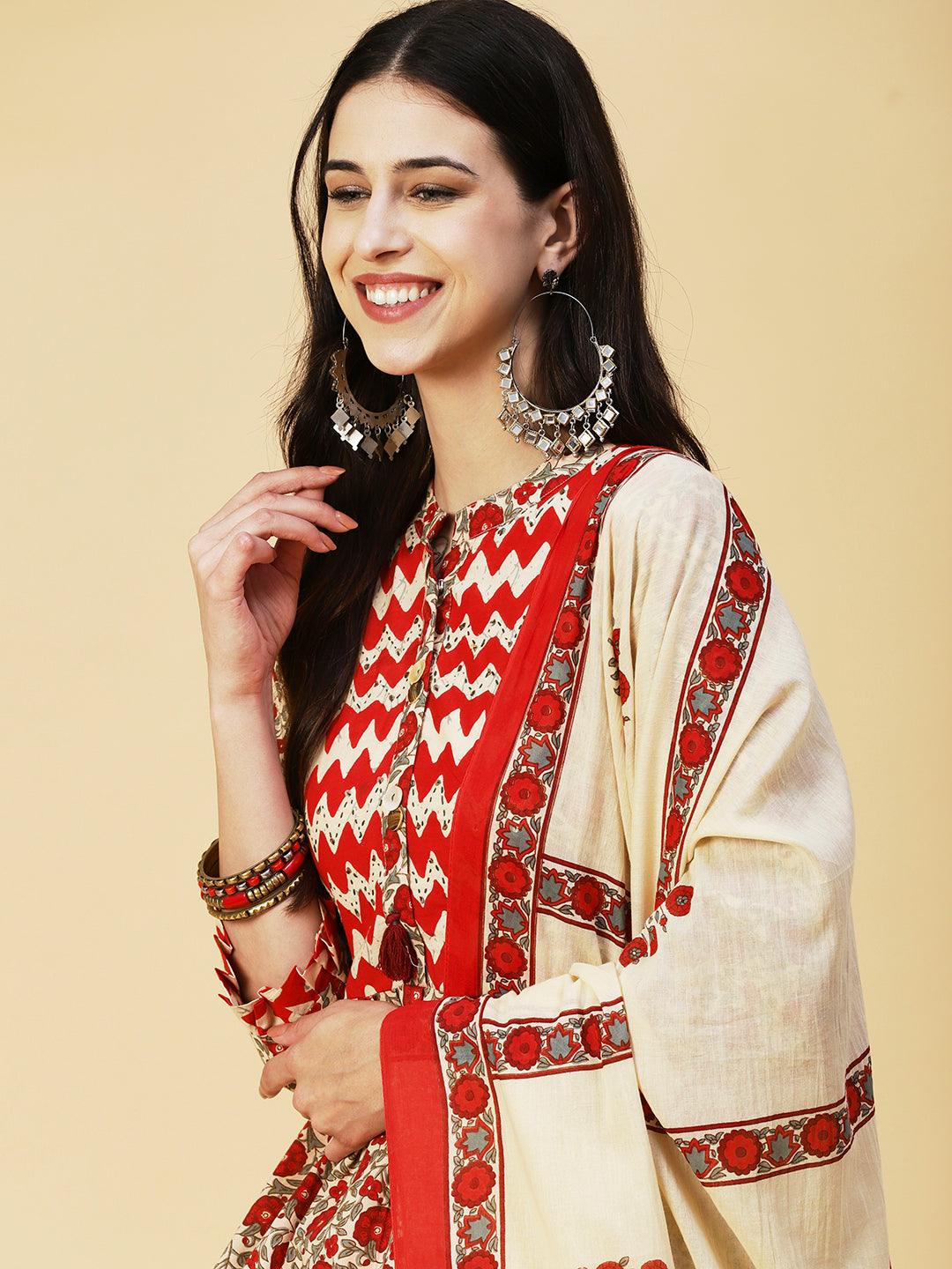 Floral Printed Resham & Sequins Ornamented Kurta With Pants & Dupatta - Cream & Red - Indiakreations