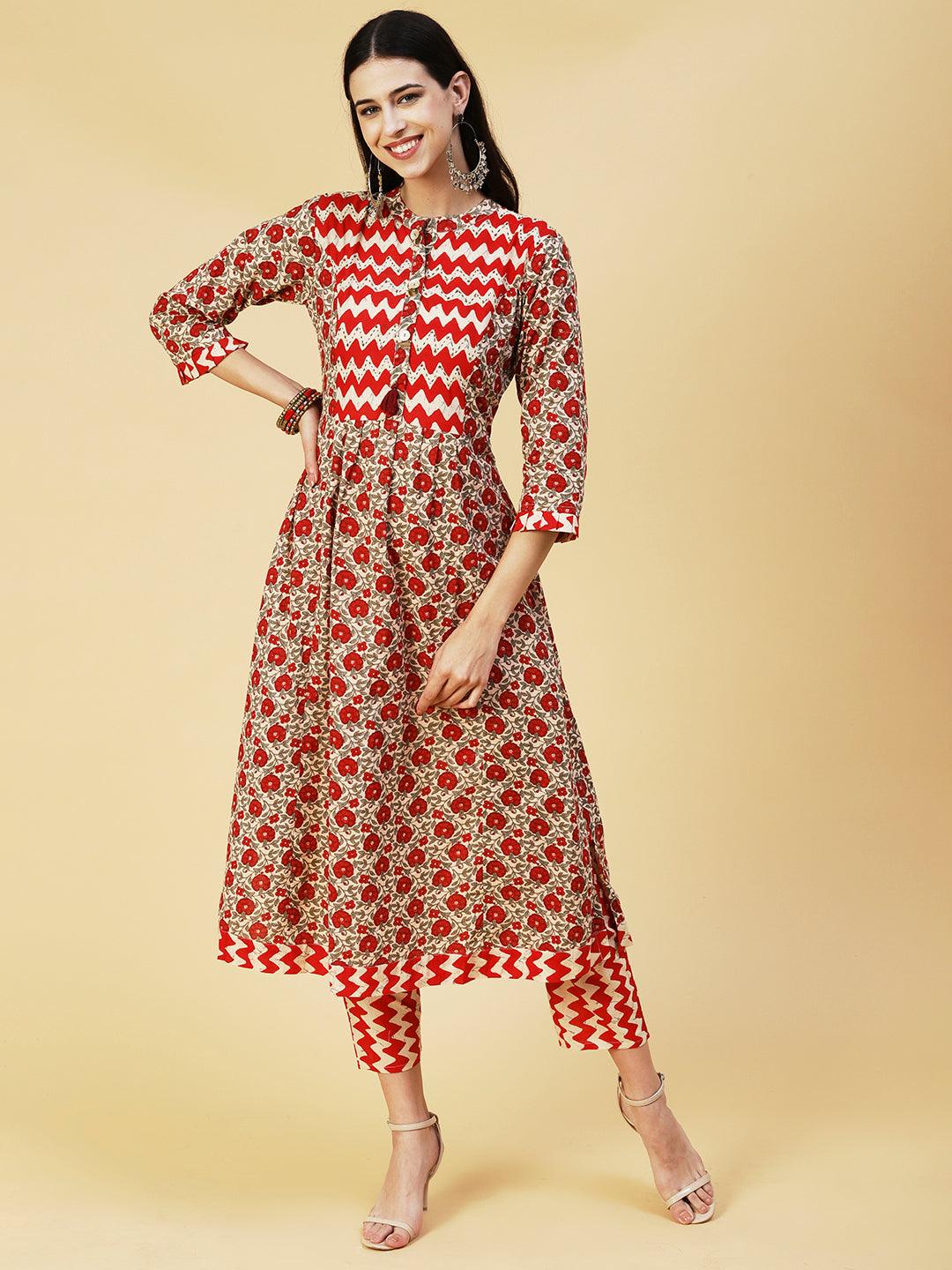 Floral Printed Resham & Sequins Ornamented Kurta With Pants & Dupatta - Cream & Red - Indiakreations