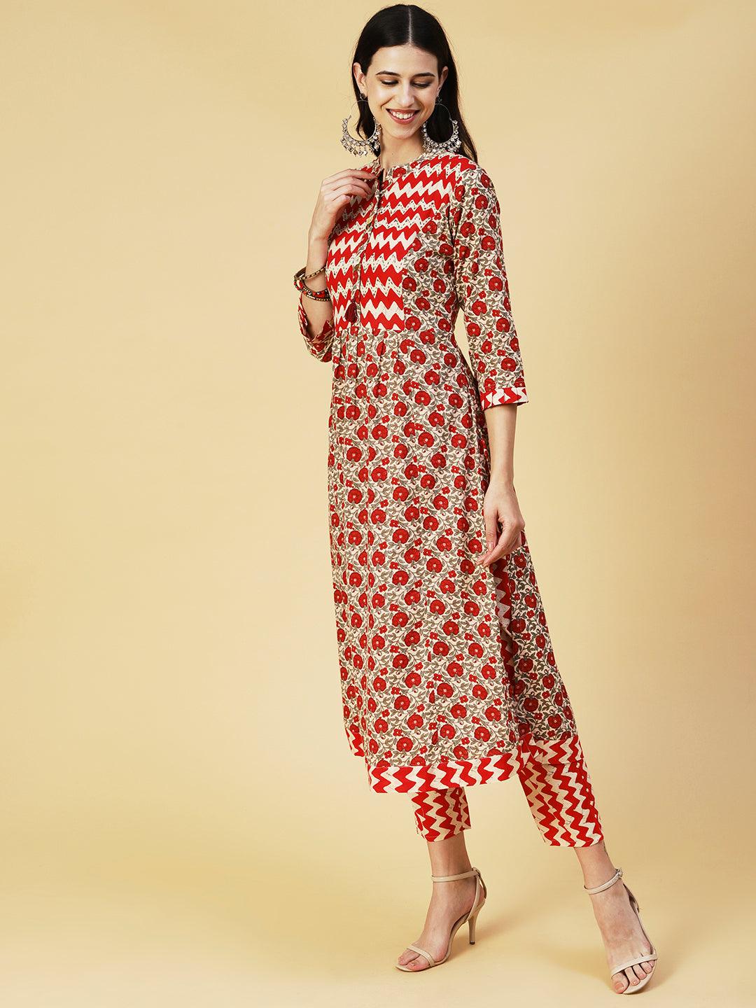 Floral Printed Resham & Sequins Ornamented Kurta With Pants & Dupatta - Cream & Red - Indiakreations