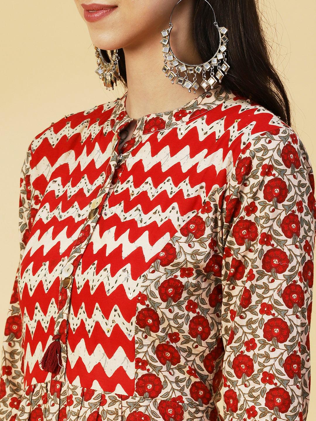 Floral Printed Resham & Sequins Ornamented Kurta With Pants & Dupatta - Cream & Red - Indiakreations