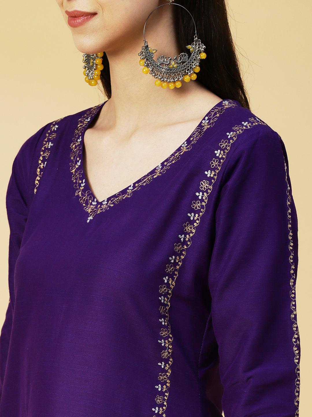 Solid Zari Embroidered Kurta With Pants & Shaded Dupatta - Violet - Indiakreations