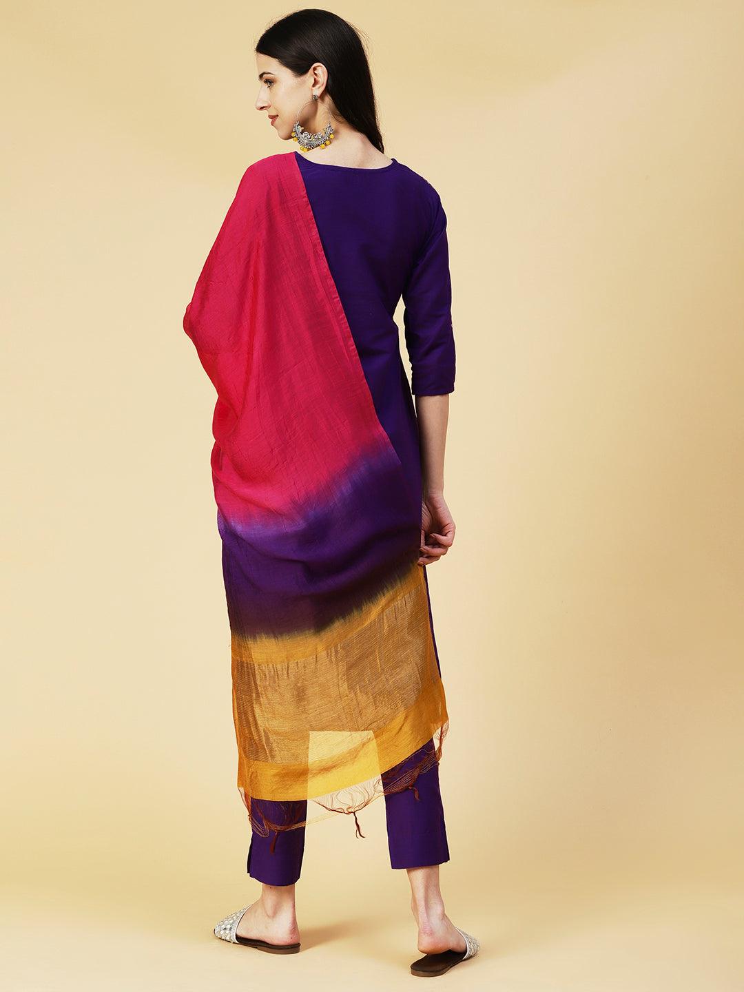 Solid Zari Embroidered Kurta With Pants & Shaded Dupatta - Violet - Indiakreations