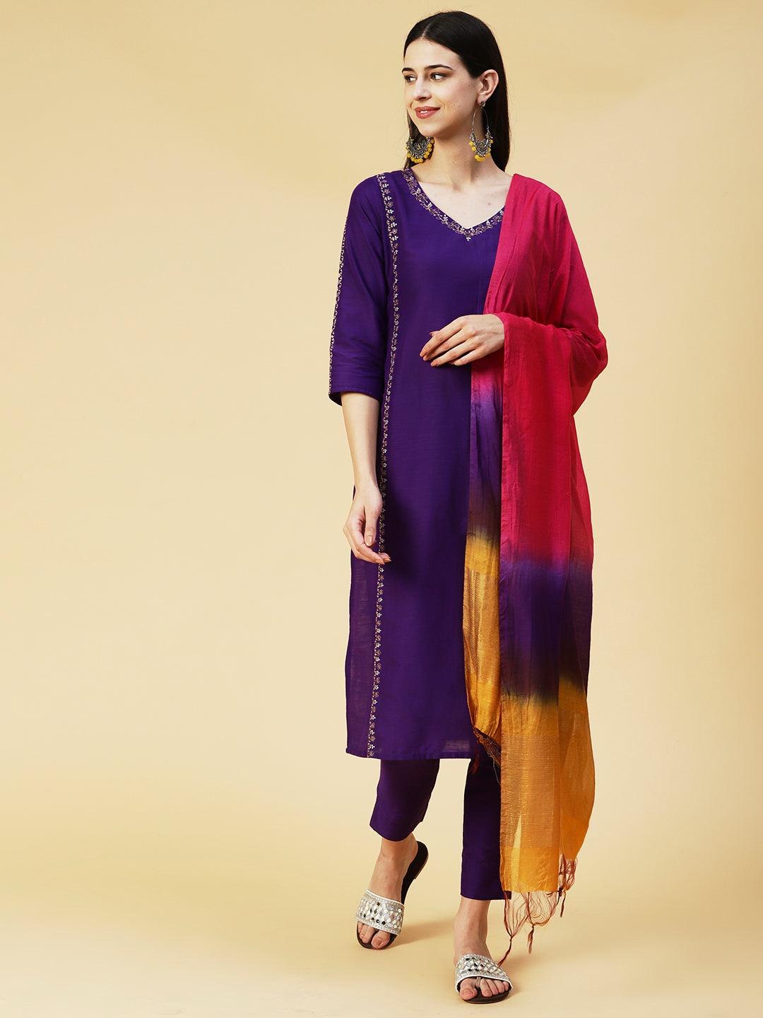 Solid Zari Embroidered Kurta With Pants & Shaded Dupatta - Violet - Indiakreations