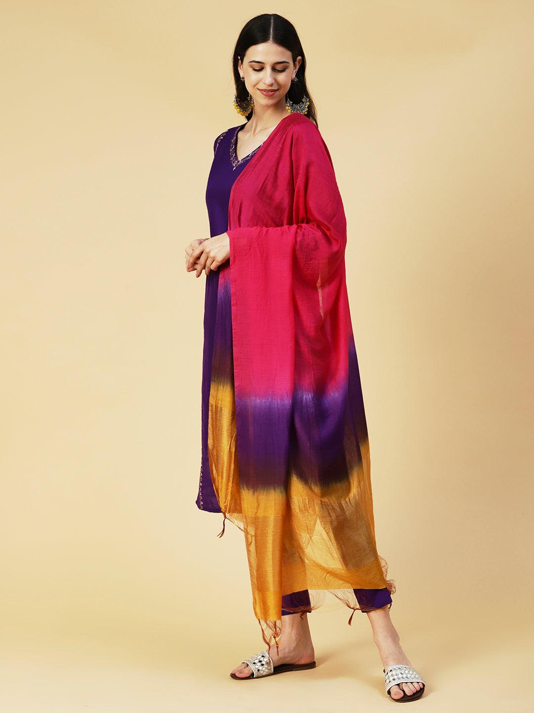 Solid Zari Embroidered Kurta With Pants & Shaded Dupatta - Violet - Indiakreations