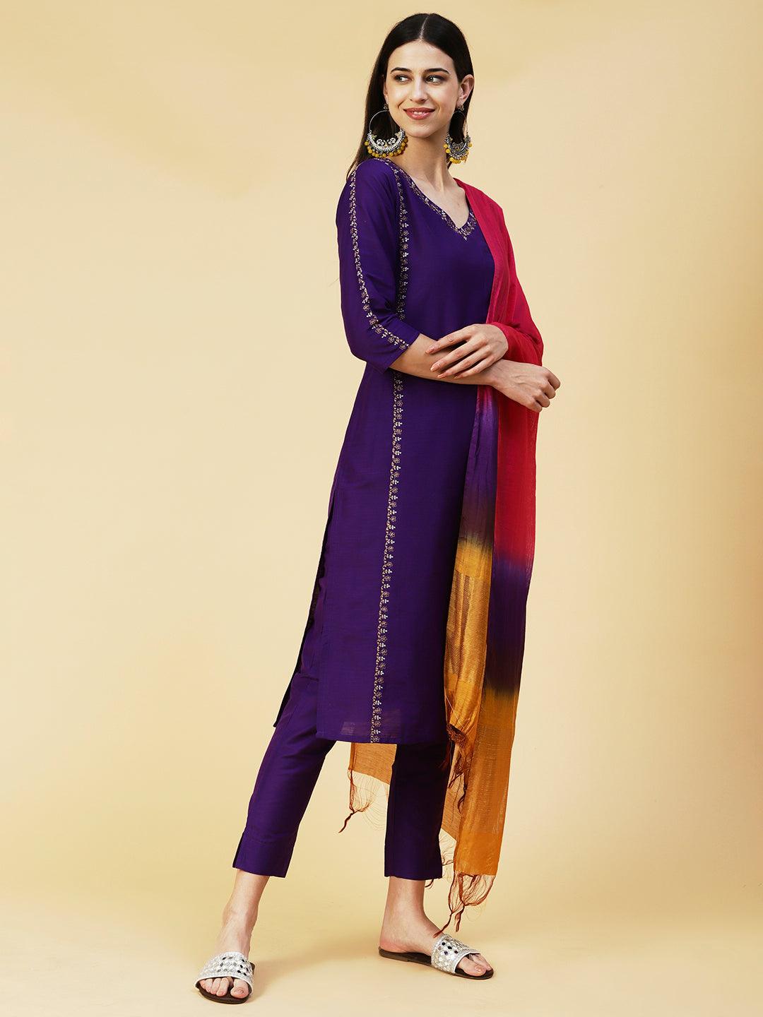 Solid Zari Embroidered Kurta With Pants & Shaded Dupatta - Violet - Indiakreations